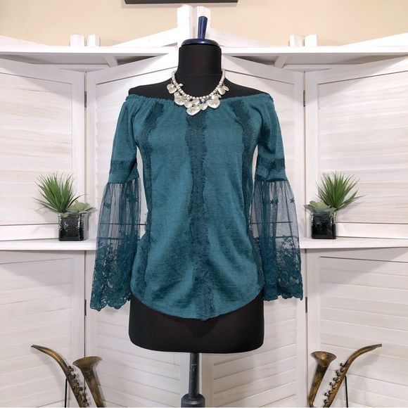 American Rag Tops - NWT American Rag Cie teal blue off shoulder sheer bell sleeves sz XS